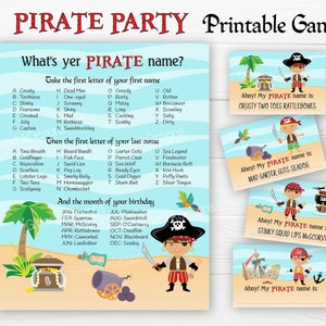 Qual é o seu nome de pirata, jogo de festa, placa de bucaneiro para impressão com crachás e cartões, jogos de aniversário de baú de tesouro de pirata para download instantâneo