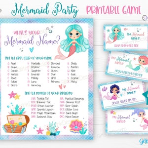 Quel est votre nom de sirène à imprimer / Générateur de noms de sirènes avec porte-noms et cartes pliables / Activité d'anniversaire de sirène