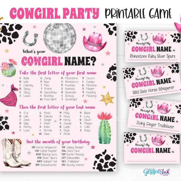 What's your Cowgirl name printable party game / Disco Cowgirl Wild West birthday / Pink Space Cowgirl party decor sign & name cards download