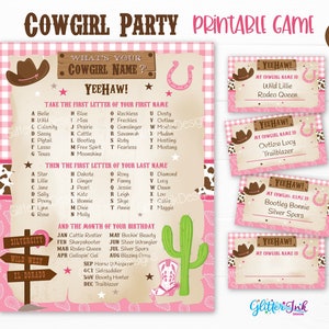 Quel est votre nom de cow-girl - Jeu de société à imprimer, générateur de surnoms d'anniversaire de rodéo de cow-boy du Far West avec enseigne, porte-noms et cartes