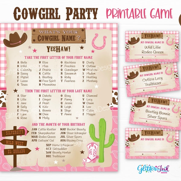 What's your Cowgirl name printable party game / Wild West party sign with name tags and foldable name cards / Rodeo birthday name generator