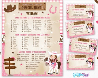 What's your Cowgirl name printable party game / Wild West party sign with name tags and foldable name cards / Rodeo birthday name generator