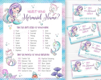 What's your Mermaid name printable party game / Mermaid party name generator with name tags and foldable cards / Mermaid birthday activity