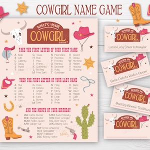 Afdrukbaar partyspel voor de naam Cowgirl, Pink Wild West rodeo decor bord en naamplaatjes en opvouwbare kaarten - direct downloaden
