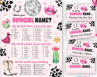 What's your Space Cowgirl name printable party game, Pink disco decor Wild West birthday decorations, Name generator sign cards and tags