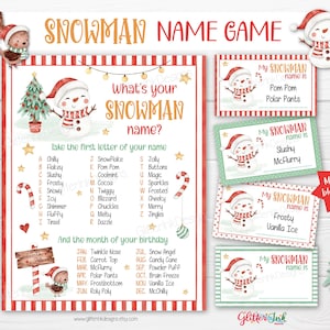 Qual é o seu nome de boneco de neve, jogo de festa com placa para impressão, crachás e cartões, jogos de Natal para crianças e família, download digital