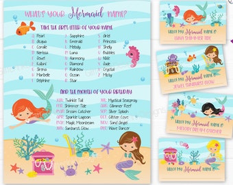 What's your Mermaid name party game, Mermaid party printable name tags, Mermaid name generator party sign, Mermaid birthday digital download