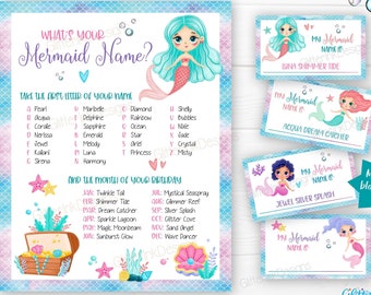What's your Mermaid name printable party game / Mermaid party name generator with name tags and foldable cards / Mermaid birthday activity