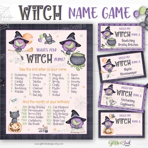 Könnte beinhalten: Ein druckbares Halloween-Partyspiel mit einem Hexenthema. Das Spiel enthält eine Tabelle mit Hexennamen, die auf dem ersten Buchstaben des Namens einer Person und ihrem Geburtsmonat basieren. Es gibt auch druckbare Namensschilder mit verschiedenen Hexennamen.