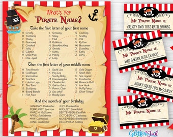 Qual è il tuo gioco per la festa del nome pirata / Cartello stampabile per la festa dei pirati con targhette e biglietti da visita / Download digitale dei giochi di compleanno dei pirati