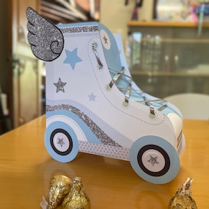 Roller skate party favor boxes / Printable Roller skate party favors - sky blue and silver glitter - edit with Corjl