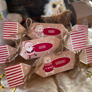 Christmas cracker printable bon bon gift boxes / Personalized Kraft effect favor box / Santa snowman winter bear DIY table setting popper