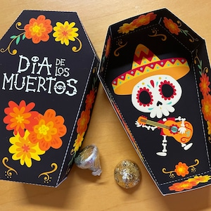 Caja de golosinas con forma de ataúd para el Día de los Muertos, obsequios para fiestas con calaveras de azúcar para el Día de los Muertos, calavera mexicana con esqueleto de Halloween para imprimir
