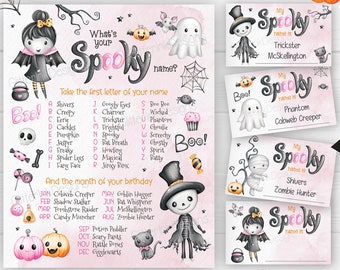 What's your Spooky Halloween name game / Orange and pink Halloween games for kids Spooktacular printable sign & name cards digital download