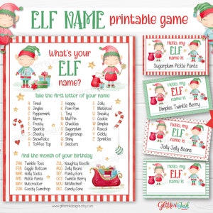 What's your Elf Name Game druckbares Schild, Namensschilder und Karten, Weihnachtselfen lustige Partyspiele für Kinder und Familie - sofort download