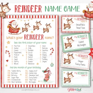 Juego de fiesta "¿Cuál es tu nombre de reno?" / Letrero de Papá Noel, etiquetas con nombres y tarjetas con nombres / Juegos navideños imprimibles para niños y familias, descarga digital