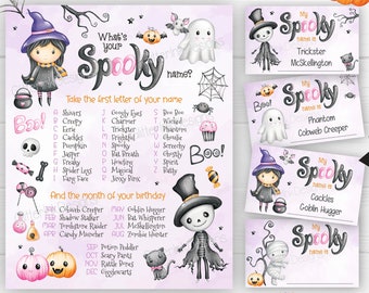 What's your Spooky Halloween name game / Purple orange and pink Halloween games for kids / Bewitching printable sign & name cards digital