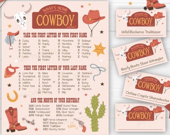 Quel est votre jeu de fête imprimable avec le nom de Cowboy / Panneau de fête et cartes de visite du Far West / Téléchargement du générateur de nom d'anniversaire de rodéo de cowboy spatial