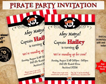 Invitation fête pirate / Invitation d'anniversaire pirate / Invitation tête de mort pirate en téléchargement immédiat - fille ou garçon