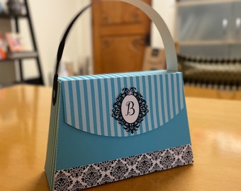 Paris Party purse favor box / Printable purse party favors in turquoise stripes with black & white damask / Sweet 15 birthday party favors