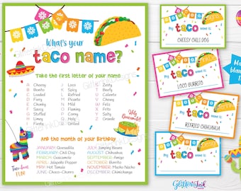 What's your Taco name printable party game / Taco Tuesday party sign with name tags & name cards / Cinco de Mayo Mexican fiesta family games