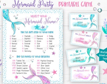 What's your Mermaid name printable party game / Mermaid party name generator with name tags and foldable cards / Mermaid tail birthday party