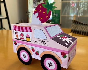 Strawberry birthday printable favor box truck / Very berry first birthday party favors / Sweet one strawberry box strawberries & cream treat