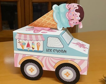 Caja de favor imprimible de camión de helados / Favores de fiesta de helados DIY / Caja de golosinas editable / Decoraciones de fiesta de helado personalizadas