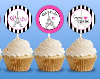 Paris Party cupcake toppers / Paris birthday cupcake wrappers / Eiffel Tower Ooh la la pdf printable favor bag tags / Paris party favors