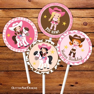 Pink cowgirl party cupcake toppers and wrappers / Wild West printable favor bag tags image 1