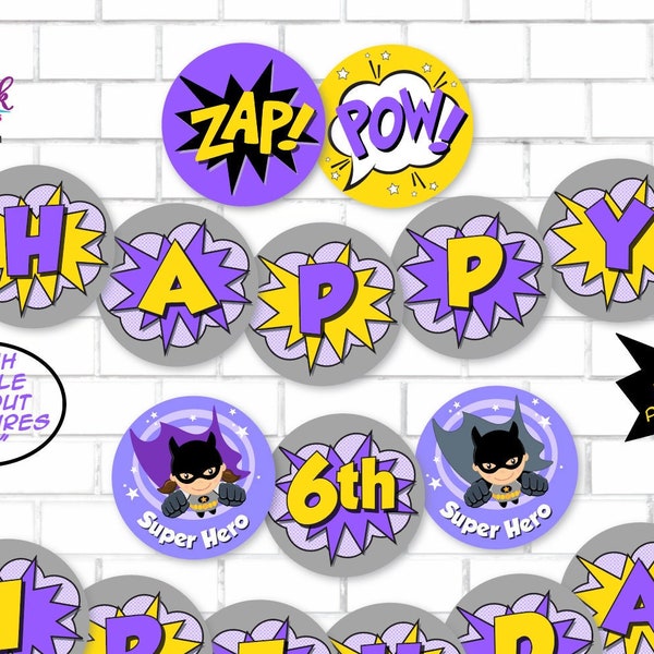 Purple Super Hero party printable banner / Super girl and boy circle flag bunting for superhero birthday / Superheroes party decorations