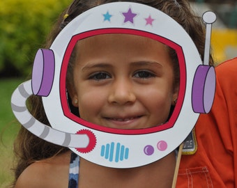 Astronaut space party printable photo booth props with helmet, spaceship rocket, alien eyes in pink, purple, red and blue