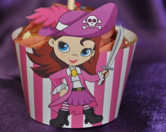 Pirate Party cupcake toppers / pirate ship sails / Pirate cupcake wrappers / candy bar labels / pink pirate party decorations / pirate girl