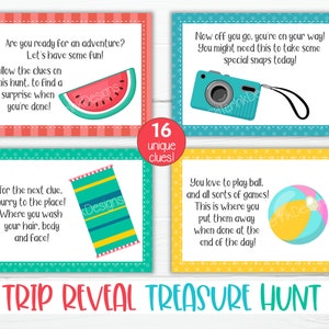 May include: A set of 16 printable cards for a trip reveal treasure hunt. The cards are colorful and feature illustrations of a watermelon, a beach towel, a camera, and a beach ball. The text on the cards includes phrases like "Let's have some fun!" and "You might need this to take some special snaps today!"