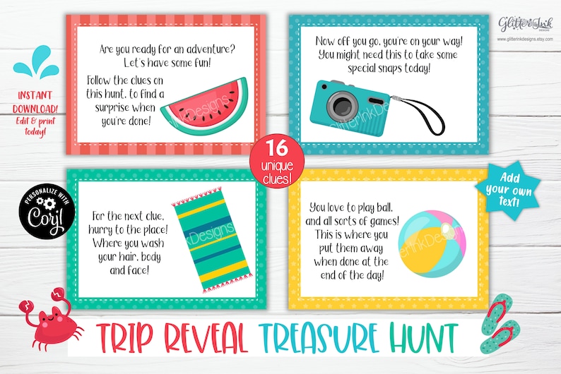 May include: A set of 16 printable cards for a trip reveal treasure hunt. The cards are colorful and feature illustrations of a watermelon, a beach towel, a camera, and a beach ball. The text on the cards includes phrases like "Let's have some fun!" and "You might need this to take some special snaps today!"