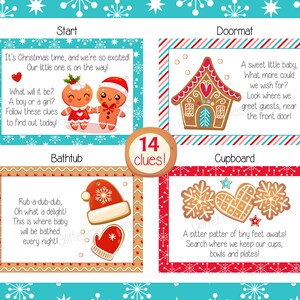 May include: A set of 14 gingerbread-themed clues for a baby gender reveal game. Each clue card features a different room in a house, a gingerbread-themed illustration, and a rhyming clue. The cards are printed on white cardstock with a red, white, and blue border.