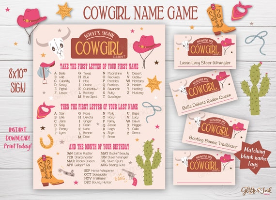 What's Your Cowgirl Name Game (1 Cowgirl Theme Sign and 30 Name Tag  Stickers), Cowgirl Game Party Decoration, Birthday Game for Kids, Family  Game-5