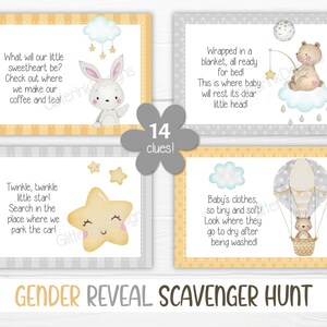 Gender reveal scavenger hunt clue cards for baby shower party games, Neutral nursery printable treasure hunt clues image 6