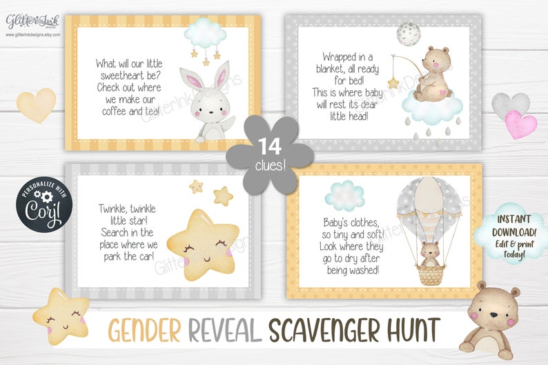 Gender reveal scavenger hunt clue cards for baby shower party games, Neutral nursery printable treasure hunt clues image 6