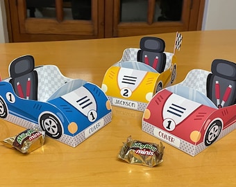 3 DIY TEMPLATES Two fast birthday race car party favors treat box, Printable Papercraft racing theme candy favor boxes paper toy centerpiece