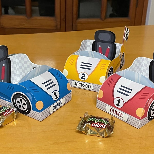 3 Race car birthday printable favor box templates / Papercraft racing car candy treat box / Two fast party favors / Racing party snack box