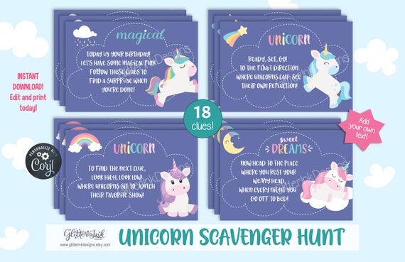unicorn scavenger hunt clue cards unicorn treasure hunt clues unicorn birthday scavenger hunt for kids unicorn party treasure hunt by glitter ink designs catch my party
