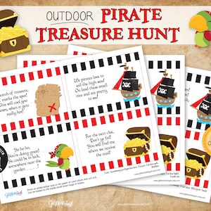 Búsqueda del tesoro al aire libre para niños en el cofre del tesoro pirata, juegos de fiesta de cumpleaños pirata, pistas imprimibles con acertijos que riman, edita con Corjl imagen 2