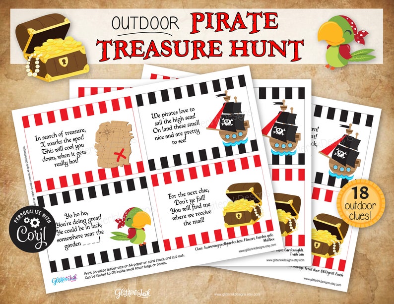 Búsqueda del tesoro al aire libre para niños en el cofre del tesoro pirata, juegos de fiesta de cumpleaños pirata, pistas imprimibles con acertijos que riman, edita con Corjl imagen 2