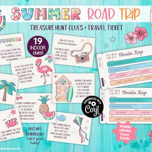 Summer road trip scavenger hunt & printable tickets / Family vacation surprise trip reveal kids treasure hunt clues + editable boarding pass