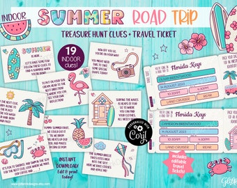 Summer road trip scavenger hunt & printable tickets / Family vacation surprise trip reveal kids treasure hunt clues + editable boarding pass