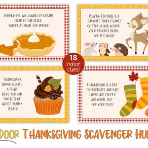 Pu&ograve; includere: Un set di 18 indizi di caccia al tesoro del Ringraziamento stampabili con illustrazioni. Gli indizi includono una torta di zucca, un cupcake, un cervo, un paio di calze e uno spaventapasseri. Il testo sulle carte recita "18 indizi per interni!" e "DOWNLOAD IMMEDIATO! Modifica e stampa oggi!"