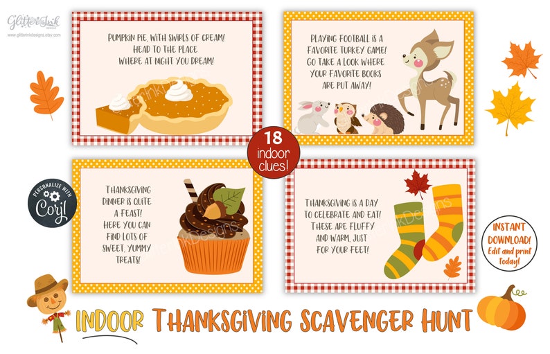 Pu&ograve; includere: Un set di 18 indizi di caccia al tesoro del Ringraziamento stampabili con illustrazioni. Gli indizi includono una torta di zucca, un cupcake, un cervo, un paio di calze e uno spaventapasseri. Il testo sulle carte recita "18 indizi per interni!" e "DOWNLOAD IMMEDIATO! Modifica e stampa oggi!"