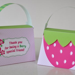 Strawberry shortcake printable purse favor box, Very berry first birthday party favors treat boxes