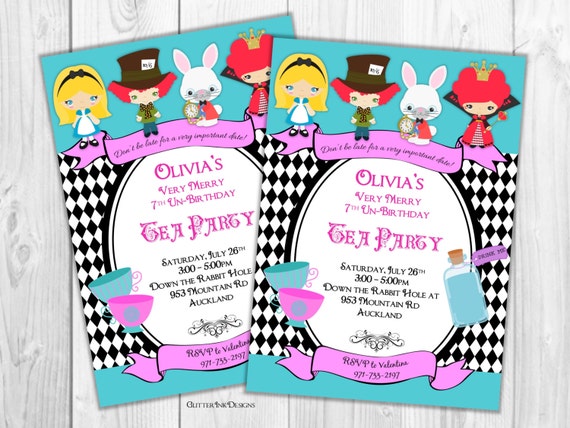 Alice in Wonderland Teal and Pink Tea Party invitation - PERSONALIZED printable invitation for Birthday or Baby Shower Il_570xn